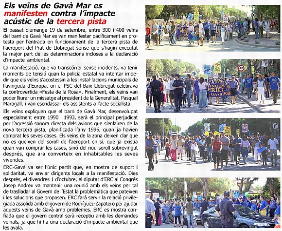 Notícia publicada a la publicació L'ERAMPRUNYÀ (Número 14 - Octubre 2004) sobre la manifestació de veïns de Gavà Mar celebrada el dia de la Festa de la Rosa del PSC a Gavà Mar (19 de Setembre de 2004)